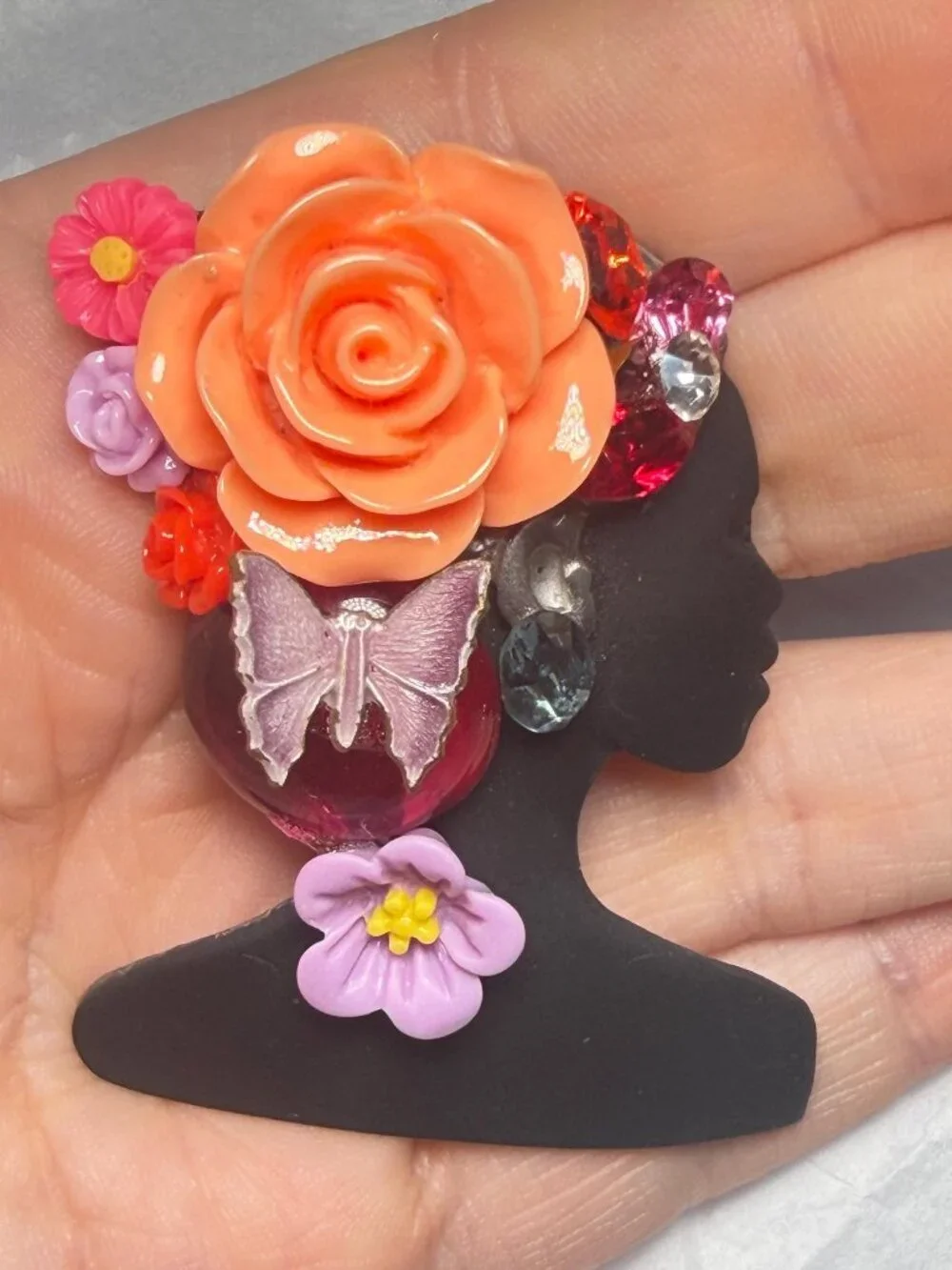 OOAK Lady Silhouette Brooch UltraCraft Upcycled Floral Butterfly Pin 2.25 inches